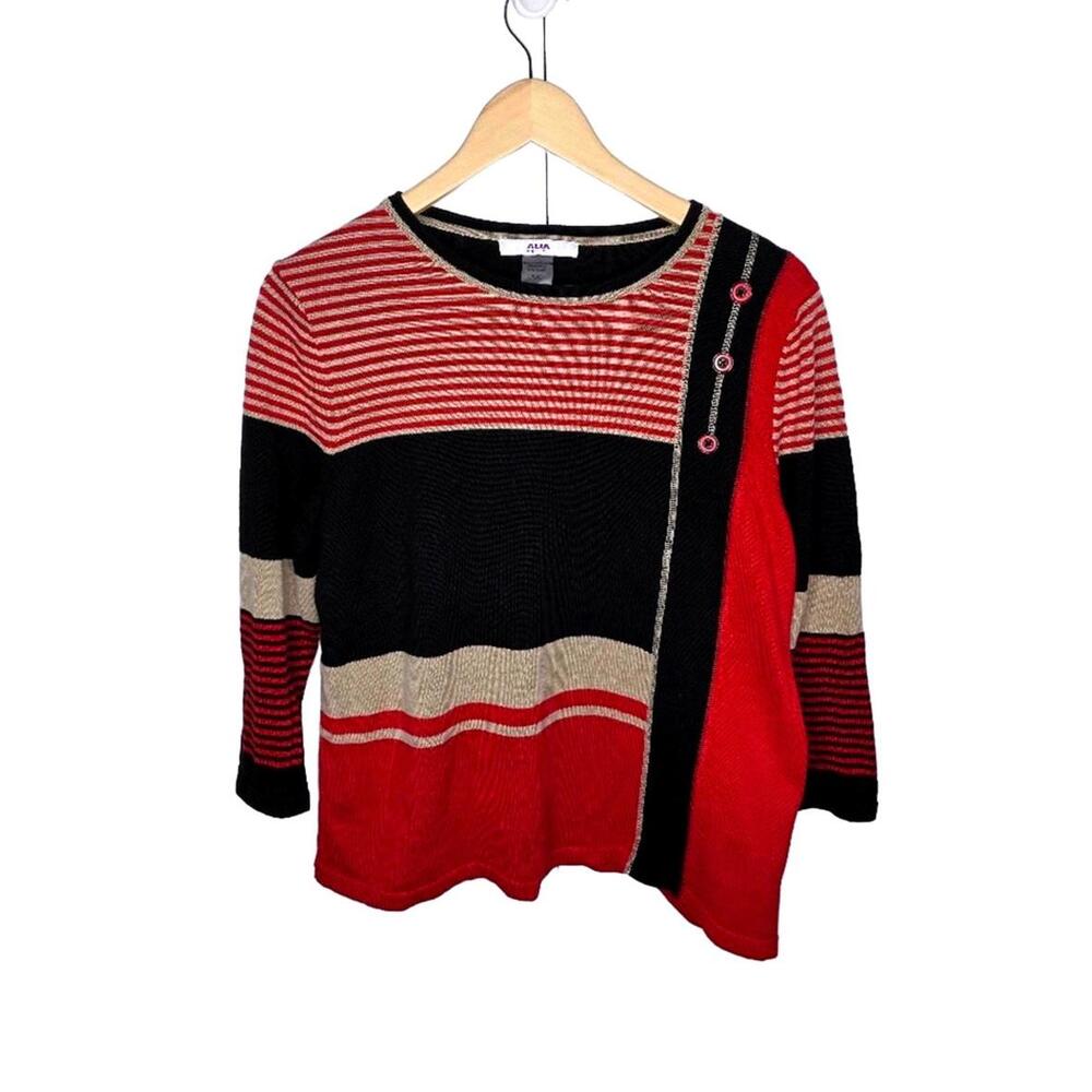 😀Alia Retro Preppy Womens Striped Sweater Red+Cream+Black Cotton Blend Lg P